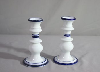 Set Of 2 Dansk Bistro Christianshavn Cobalt Blue & White Taper Candlesticks