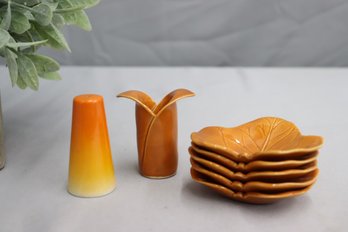 Vintage Orange And Ochre MCM Pottery Leaf Plates And Vase And Pepper Shaker