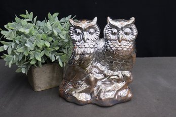 Patina Mirror Glazed Two Owls On A Branch Ceramic Figurine