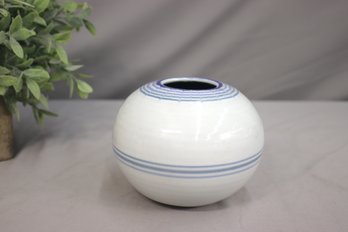 MCM  White Glazed Vase With Blue Highlights. Marked On Bottom