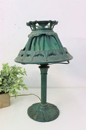 Art Nouveau Style Accent Lamp With Inner Fabric Shade On Green Cast Metal Frame