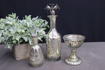 Decorative Silvered Mottled Glass Group Lot: Chalice, Decanter, And Perfume Bottle