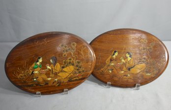 'Set Of Two Vintage Indian Wooden Plaques With Handcrafted Inlay'