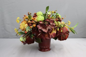 Artificial Flower And Botanic Bouquet In Red Vase