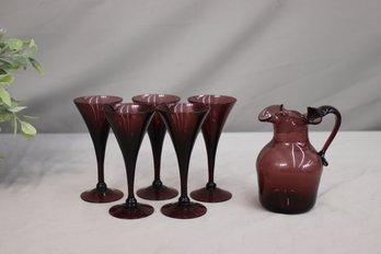Group Lot Of Vintage Amethyst Glass Sherry/Port Glasses And Hand-Blown Pitcher