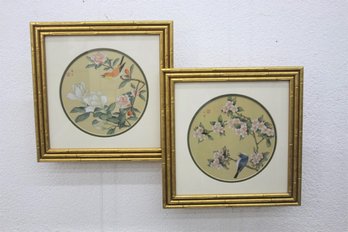 Pair Of  Chinese  StyleFlower/Bird - Framed In Faux-Gilt Faux Bamboo Decorative Quality