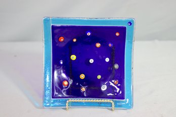 Double Blue & Polychrome Dots Murano Glass Plate