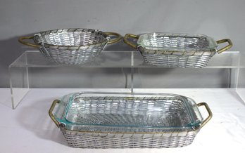 Group Lot Of 2 Pyrex Casserole Dishes And 3  Woven Aluminum & Brass Baskets/presenters