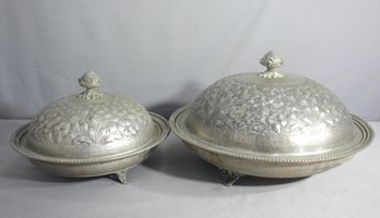 'Set Of Two Elegant Aluminum Serving Dishes With Floral Embossing'