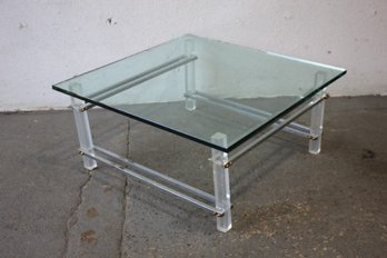 Vintage Fiam Italia Lucite & Brass Glass Top Coffee Table With Chrome Bars