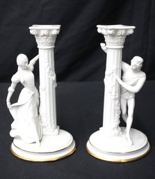 Biscuit Porcelain And 22k Gold Set Candle Holder, Franklin Mint 'Romeo And Juliet'