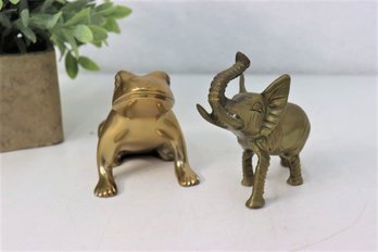 Two Mini-Figurine Lot: Brass-tone Patient Frog And Trumpeting Elephant
