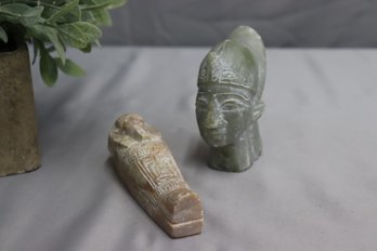 Egyptian Art Handmade Soapstone Sarcophage Figurine And Pharaoh Head Statue