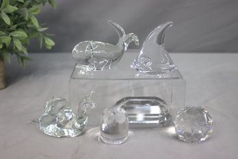 Group Lot Of 6 Cut Glass And Crystal Animal Figurines And Geometric Paperweights