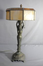 Vintage Art Deco Figural Lamp With Slag Glass  Shade