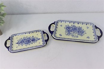 Two Ceramica De La Cal Crackle Glaze Hand Painted Trays, From Toledo, Spain