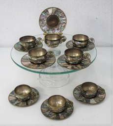 Group Of 8 Vintage Villa Taxco Brass & Mother Of Pearl Inlay Demitasse Cup/Saucer Sets,  Mexico