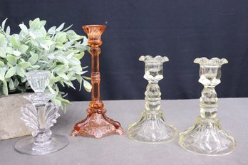 Four Candlesticks: 2 Loop/Petal Glass, 1 Dragon Foot Pink Depression Glass, 1 Fostoria Baroque