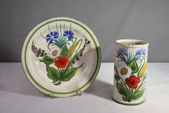 Vintage Hand-Painted Italian Montecatini Alto Pottery Cylinder Vase & Mixed Flower Charger