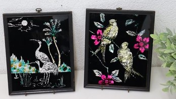 Two Crane And Bird Inlay Portraits On Black Lacquer Ground