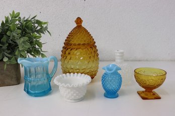 Group Lot Of Vintage Assorted Milk Glass, Colored Glass, Pressed Glass Items