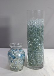 Group Lot Of 2 Glass Vases Filled With Round Marbles, Flat Pebble Marbles, Colored Marbles