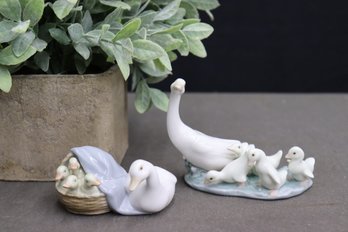 Two Lladro Figurines: Little Ducks After Mother AND Mama Duck With Basket Of Ducklings