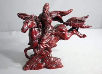 'Dynamic Red Resin Sculpture Of Guan Gong Yu On Horseback'