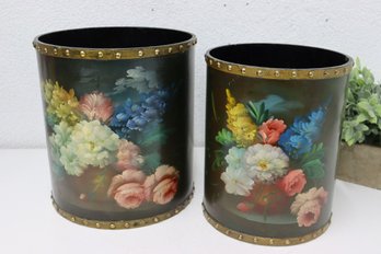Two Green Black Ombre Floral Painted Round Bins With Gold-tone Collars At Top And Bottom