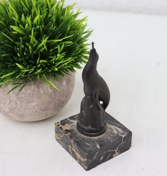 Black Metal Sea Lion Figurine On Marbel Base (ball For Balancing Is Missing)