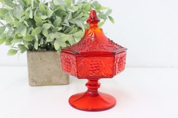 Vintage Pagoda Lid Hexagonal Red-Orange Glass Pedestal Compote/Candy Dish
