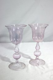 A Pair Of Pale Violet Blown Art Glass Wine Goblets