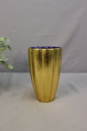 Hand Decorated Gold Leaf And Cobalt Blue Fluted Vase