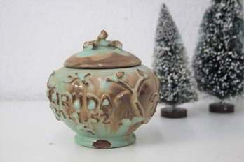 Vintage Celadon Glazed/Caramel Branch Relief Lidded Jar, Marked Beneath 1952