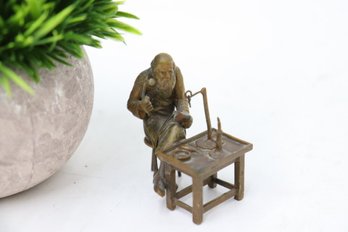 Vintage Brass Mini Figurine Of Shoe Maker At Work  Bench