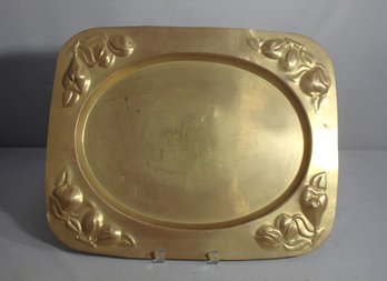 Vintage Brass Serving Tray With Floral Embossing - Made In India -15' X 19.5'