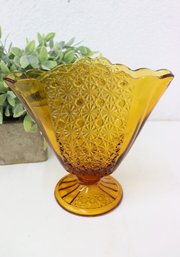 Large Vintage Daisy And Button Amber Glass Fan Vase