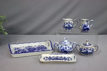 Group Lot Of Vintage Handcrafted Delft Blue Trays, Covered Sugar Bowls, And Creamer/pitchers