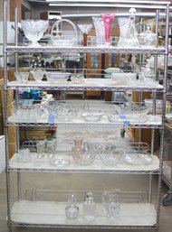 Shelf  Lot Of Glass Pitchers, Bowls, Glasses, Vases, And More