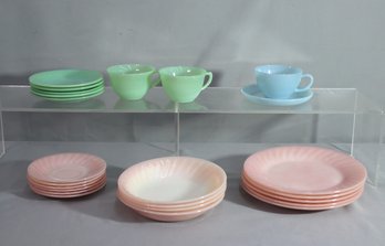 Group Lot Of Pink, Blue, And Green Fire King Plates, Cups, Saucers