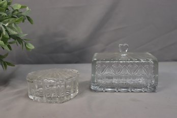 Heart Shaped Cut Glass Crystal Box And Heart Decorated Cut Glass Covered Dish