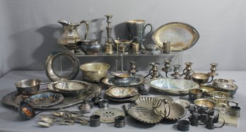 Big Group Lot Of Silverplate Tabletop, Candle Holders Etc.