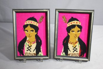 'Vibrant Pair Of Needlepoint Portraits In Traditional Attire'