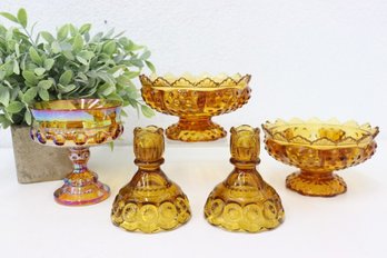Group Of Vintage Amber Glass:  2 Pairs Distinct Hobnail Taper Candle Holders And Brilliant Thumbprint Bowl