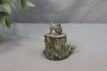 Vintage Painted Metal Two Foxes Dancing On A Tree Stump Inkwell