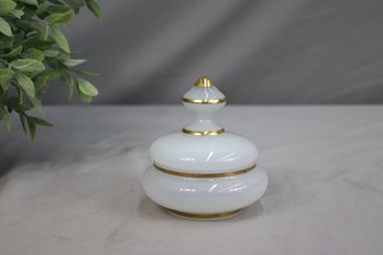 Vintage French Opaline Glass Powder Jar With Gilt Stripes