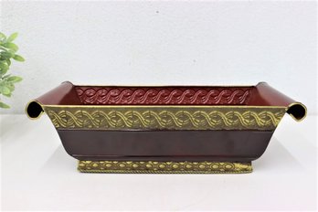 Decorative Long Metal Basket Red-Brown & Gold With Scrollend Handles