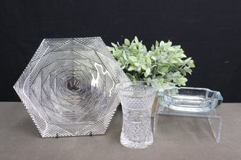 Group Lot Of Geometric Cut Glass Vase, Hexagon Server, And Dish