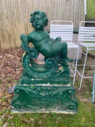 Classical Stone Composite Putti Garden Statues Holding Wheat- Painted Green