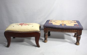 Pair Of Vintage Footstools With Needlepoint Upholstery